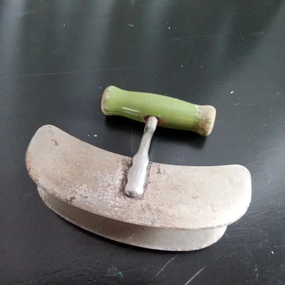 Vintage Double Blade Mezzaluna Herb Chopper Green Wood Handle Rustic Kitchen